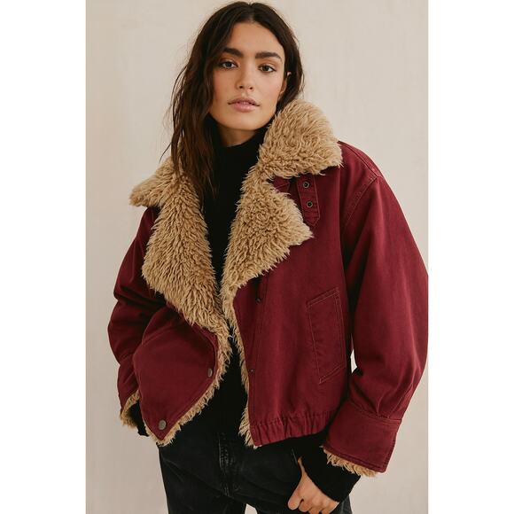 Free People Owen Wine Red Oversized Sherpa Jacket - Picture 1 of 8